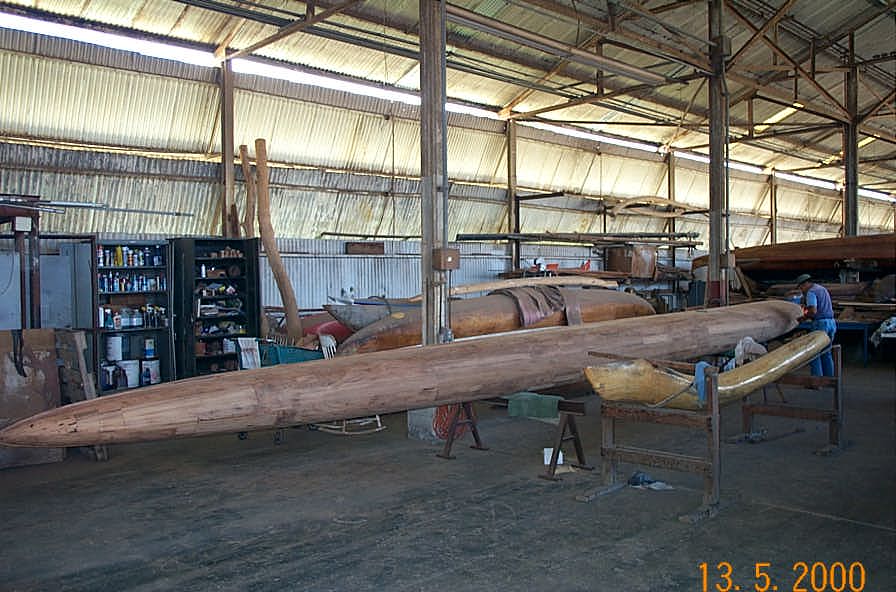 Canoe hull in workshop 2000